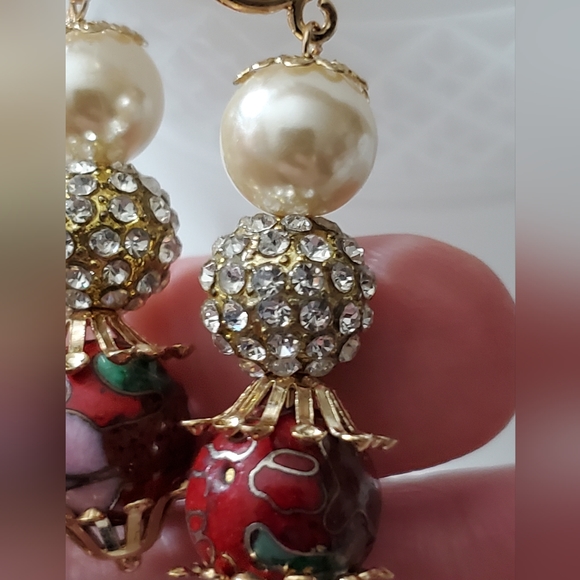 Antique Miriam Haskell Frank Hess cloisonne pave disco ball pearl earrings vtg - Picture 3 of 16